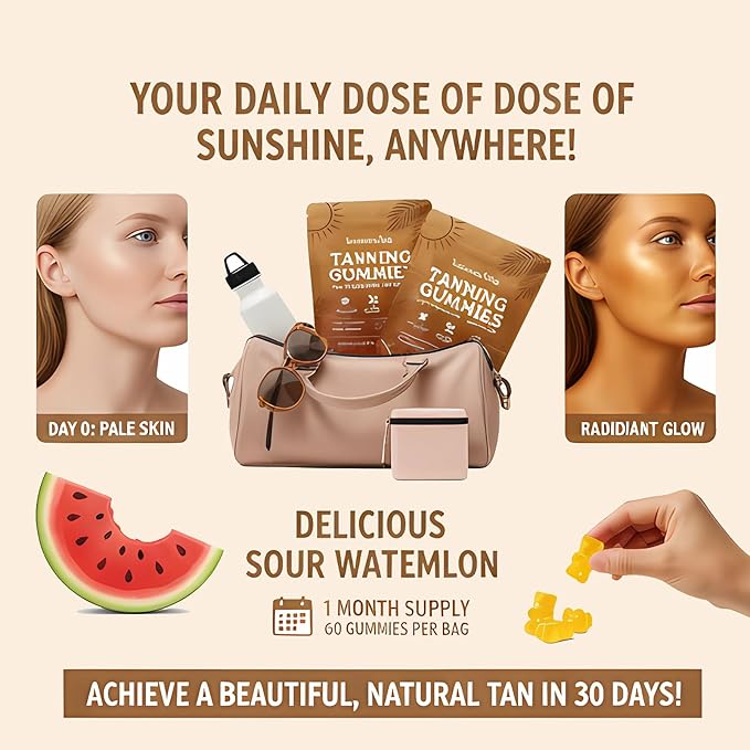 Tanning Gummies Tanning Gummies for Women No Sun Required Supports Radiant Tan &amp Healthy Skin with Astaxanthin Lycopene and Vitamins Vegan &amp Sugar Free - 60 Count