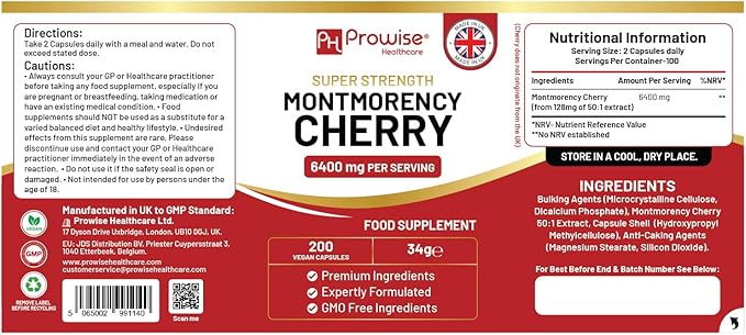 Montmorency Cherry 6400mg - 200 Tart Cherry Capsules - Natural Tart Cherry Extract Supplement for Men &amp Women – Super Strength Gluten Free Vegan and GMO Free - Made in The UK by Prowise