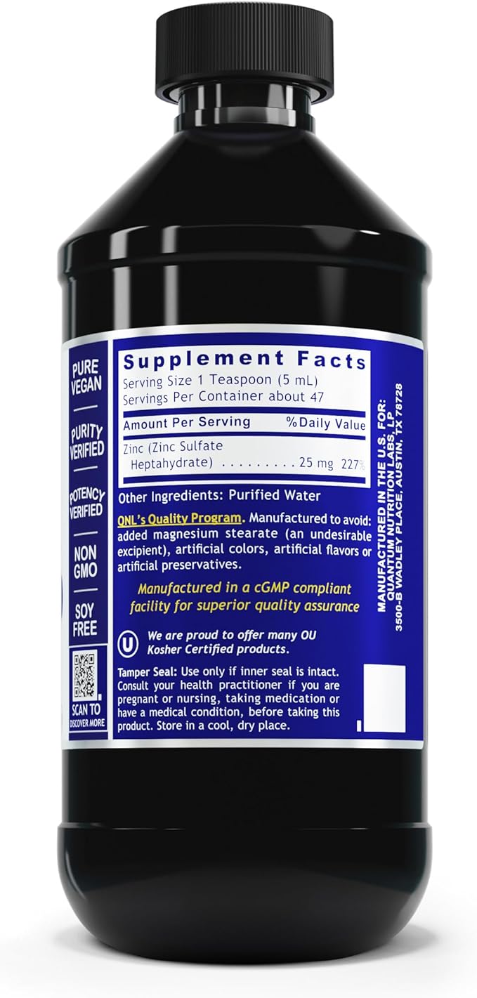 Quantum Nutrition Labs Liquid Zinc Supplement Drops - Zinc Sulfate Tincture for Adults 25mg per Serving Metabolic Function and Immune Support - 8 Fl Oz Bottle