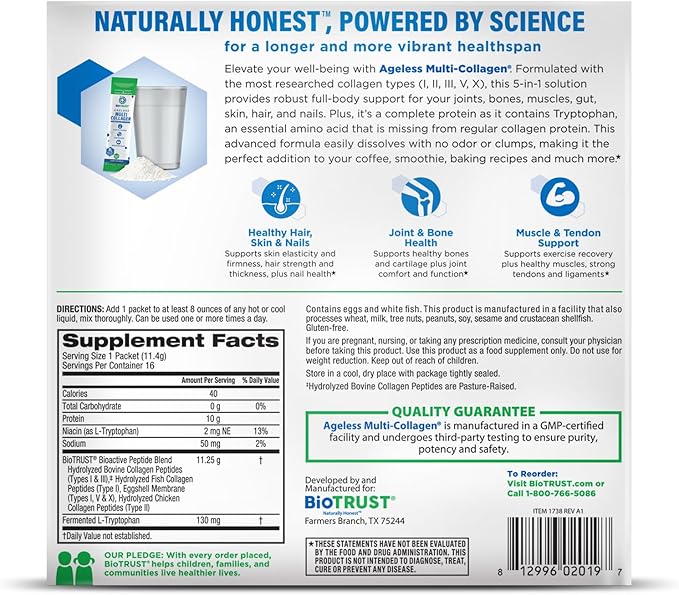 BioTrust Ageless Multi Collagen Peptides Powder – Types I II III V X – Unflavored Collagen Powder for Women &amp Men – Hydrolyzed Protein– Grass Fed Beef Fish Chicken Eggshell Membrane(16 pack