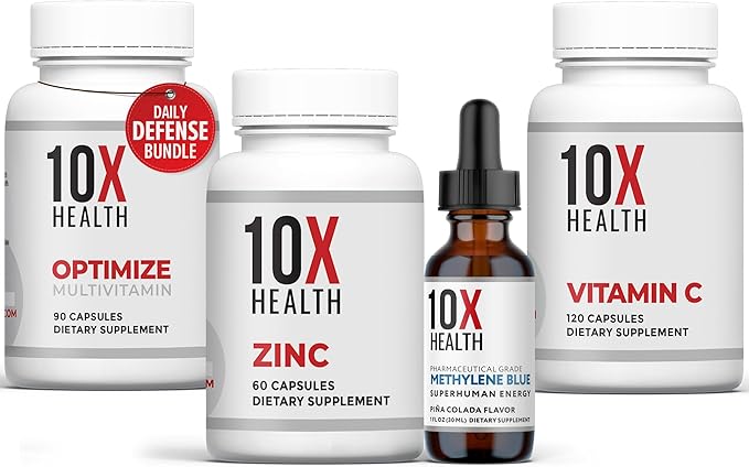 10X Health Daily Defense Bundle - 10X Optimize 10X Zinc 10X Vitamin C &amp Methylene Blue Drops - for Immunity Cellular Health &amp Energy Boost