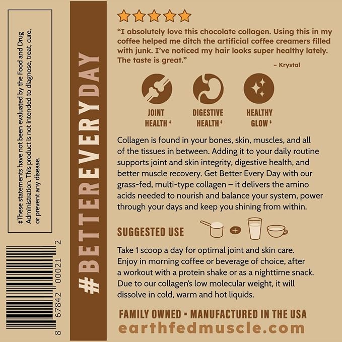 Earth Fed Muscle Chocolate Collagen Peptides Powder – Grass Fed Hydrolyzed Collagen for Women &amp Men - Healthy Bones Skin &amp Hair - Types 1 &amp 3 Collagen Powder 20g Per Serving 19 Servings
