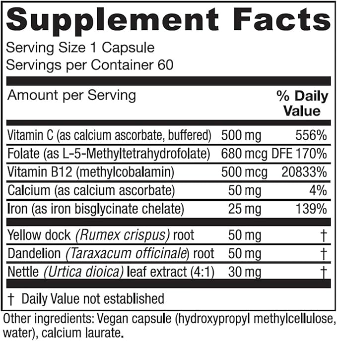 Vitanica Iron Extra Iron Supplement Enhanced Absorption with Vitamin C 500mg Methylfolate 400mcg B12 Vitamin 500mcg Calcium Yellow Dock Dandelion Root &amp Nettle Leaf Extract Vegan 60 Capsul