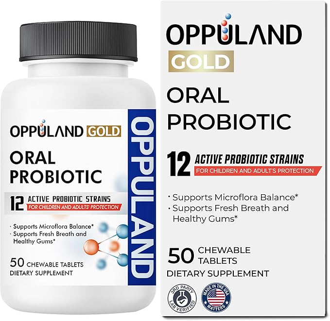 Oral Probiotic with 12 Probiotic Strains BLIS K12 M18 B. lactis &amp L. Reuteri - Dental Care - Fresh Breath &amp Gum Health - Easy to Take for Adults &amp Kids - Scentless - 50 Chewable Tablets