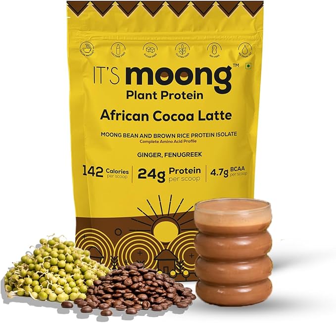 It's Moong Mung Bean &amp Brown Rice Isolate Protein | 24gms per Serve 4.7gms BCAA| African Cocoa Latte | 500gms | Sprouted Plant Protein | Easy on The Gut Easy Digestibility