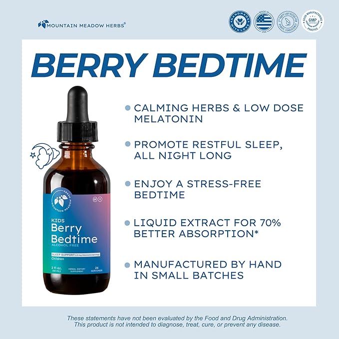Mountain Meadow Herbs Berry Bedtime – Kids Sleep Support Drops with Melatonin Chamomile Lemon Balm &amp Passionflower - Natural Sleep Aid for Children – 2 oz