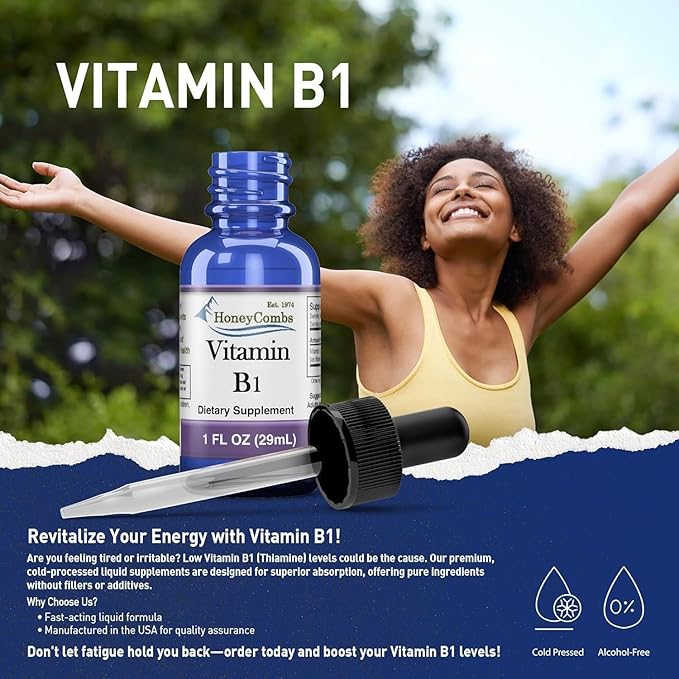 HoneyCombs Vitamin B1 Thiamine Liquid Drops for Adults and Kids High Potency B1 Vitamin Supplement Vegan Vitamina B1 Formula Thiamine B1 Supplement Made in USA