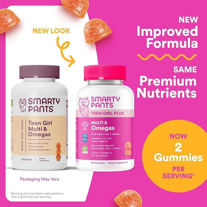 SmartyPants Teen Girl Multivitamin Gummies Omega 3 (DHA/EPA) Vitamin C D3 B12 Vitamin A K &amp Zinc Biotin to Support Hair Skin &amp Nails Gluten Free 60 Count (30 Day Supply)