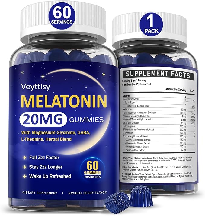 Melatonin 20mg Gummies for Adults - Max Strength Melatonin Gummy Supplement with Magnesium Glycinate B6 B12 L-Theanine GABA &amp Herbs - Non-Habit Forming Vegan Natural Mixed Berry Flavor