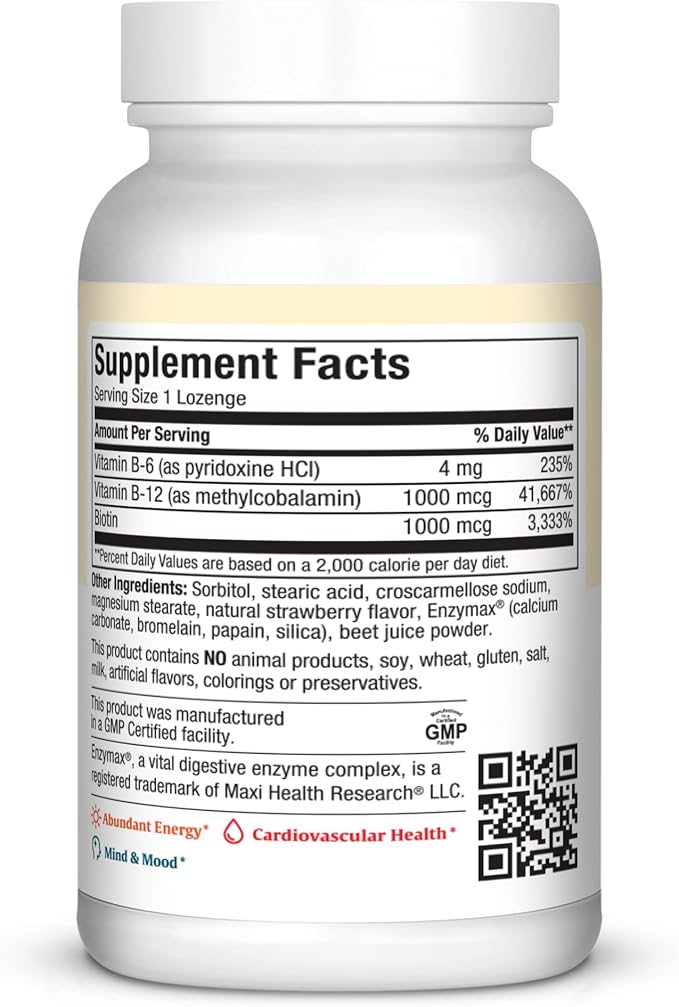 Maxi Health Triple B Lozenges - Vitamin B12 &amp B6 &amp Biotin - Strawberry Flavor - 180 Chewies - Kosher