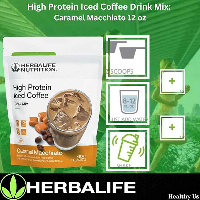 HERBALIFE NUTRITION High Protein Iced Coffee Drink Mix: (Caramel Macchiato 12 oz 347g) Energy and Protein Made From Real Coffee Low fat c
