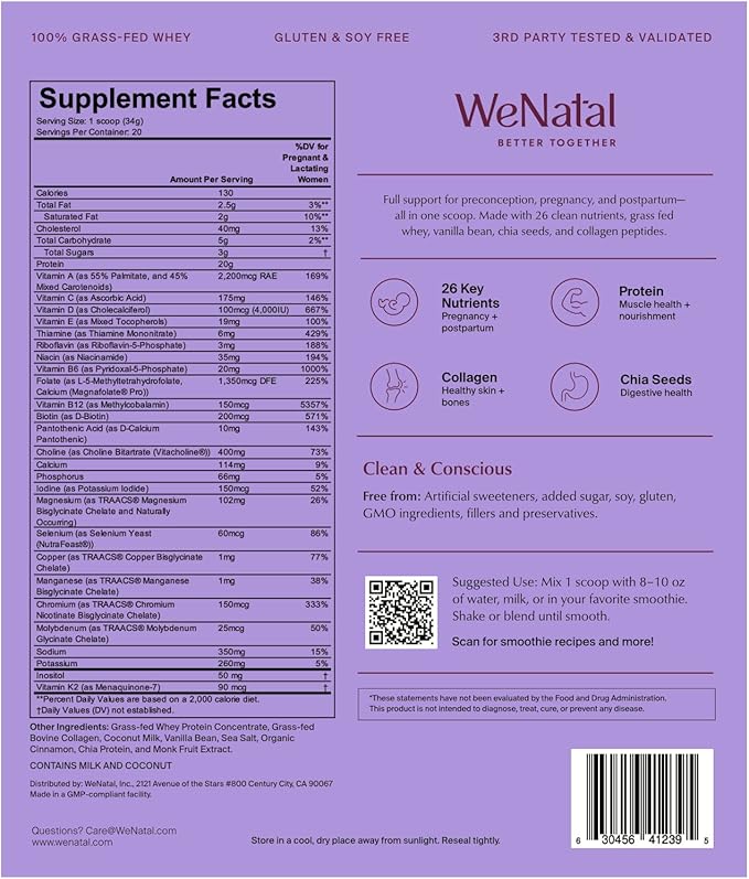 WeNatal Prenatal Protein+ for Her Protein Powder with Choline Methylated Folate B12 Iron Free 20g Clean Protein for Pregnancy Postpartum Breastfeeding Fertility Support Vanilla 20 Servings