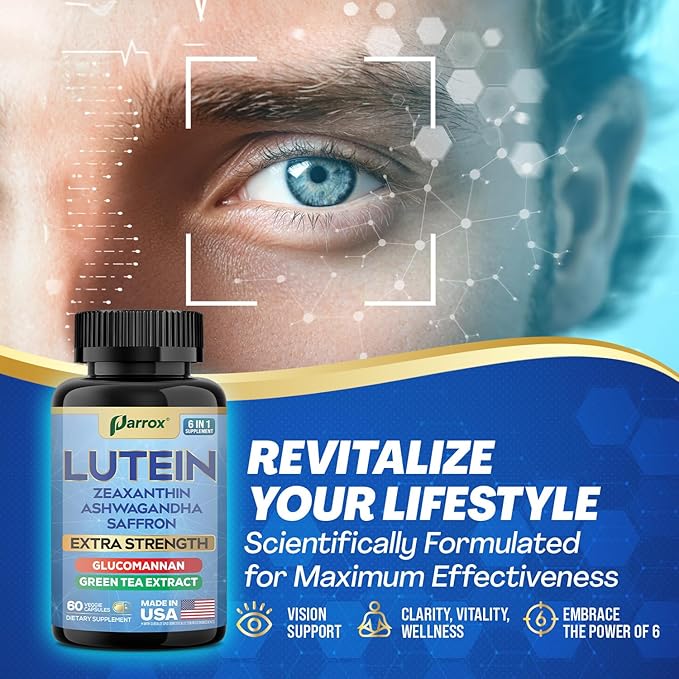 Lutein Supplement with Zeaxanthin Ashwagandha Saffron Green Tea Extract Glucomannan Eye Vitamins for Adults Vision Health Supplement Plant-Based Formula for Daily Support (60 Caps)