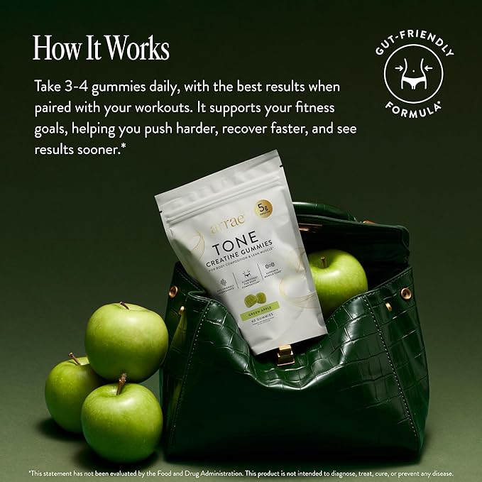 Arrae Tone Gummies – Creatine Monohydrate 5g for Women – Support Lean Muscle Strength &amp Recovery – Hormone-Friendly Muscle Toning Supplement – Sour Green Apple Flavor – 60 Count (Sour Green Apple