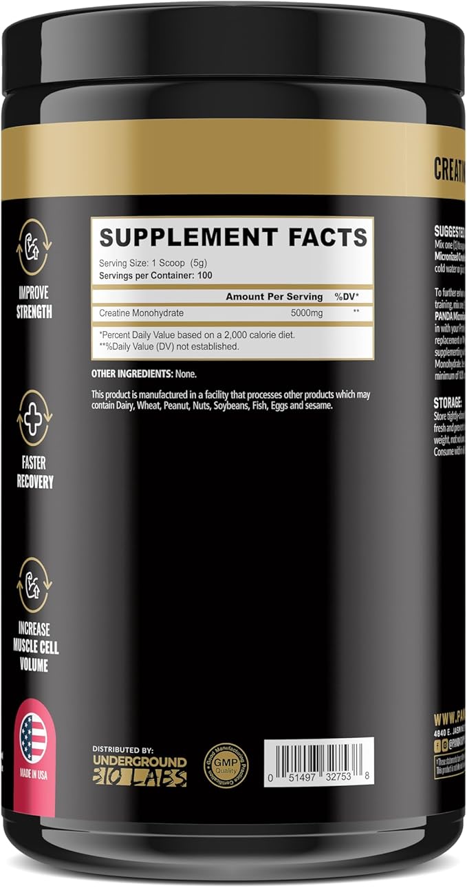 Underground Bio Labs: Panda Supps Micronized Creatine 5000mg | Pre and Post Workout Recovery Drink | Enhanced Muscle Mass Athletic Performance and Muscle Recovery - Unflavored (100 Servings)