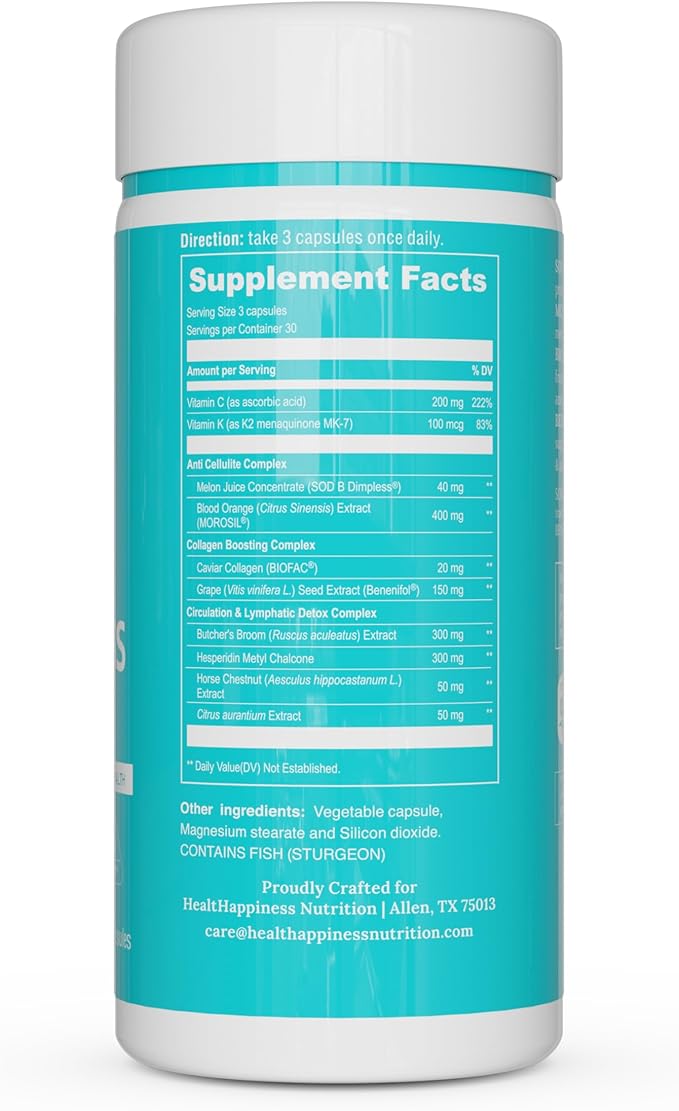 UpNourish Cellulite Vein Health Supplement with Caviar Collagen SOD DIMPLESS MOROSIL Butchers Broom Horse Chestnut Leg Wellness and Circulation Support 90ct