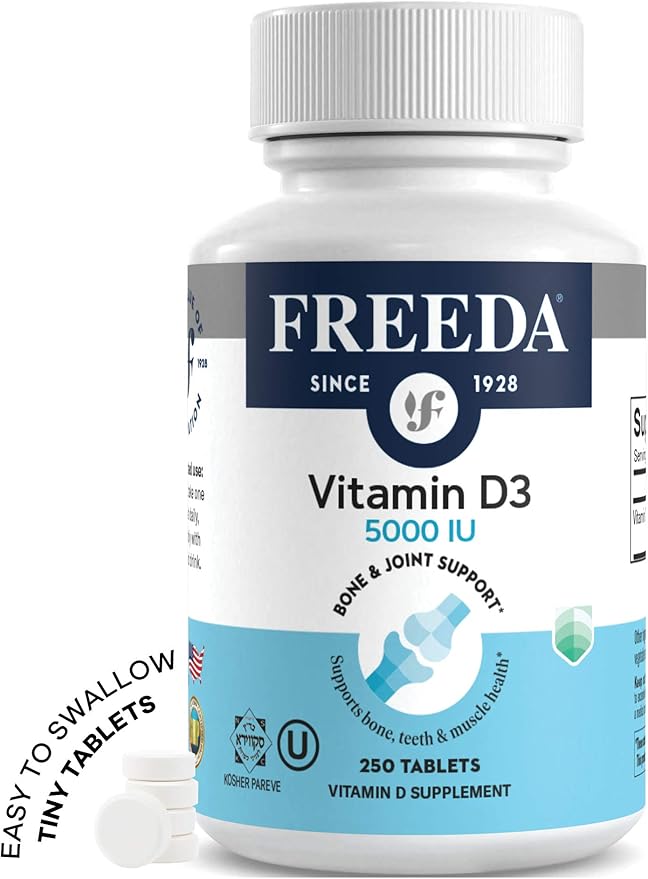 FREEDA Vitamin D3-5000 IU - Pure High Potency Kosher Supplement Tablets - Bone and Muscle Health Calcium Absorption Immune Support for Men and Women* - 250 Count