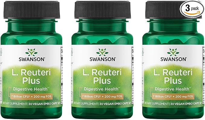 Swanson L. Reuteri Probiotic Plus with L. Rhamnosus L. Acidophilus &amp FOS Prebiotic for Gut-Health-Conscious Adults - 7 Billion CFU (30 Vegan Capsules 3 Pack)