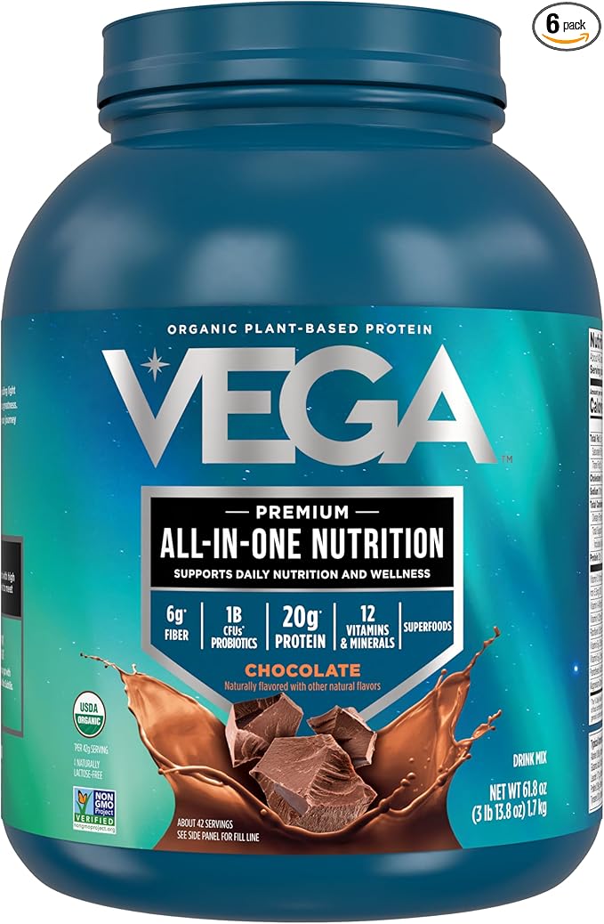 Vega All in One Nutrition Organic - 20g Plant-Based Pea Protein Chocolate 42 Servings Vitamins A &amp C Probiotics Greens Vegan Keto Gluten Free 61.8oz (Packaging May Vary) (Pack of 6)