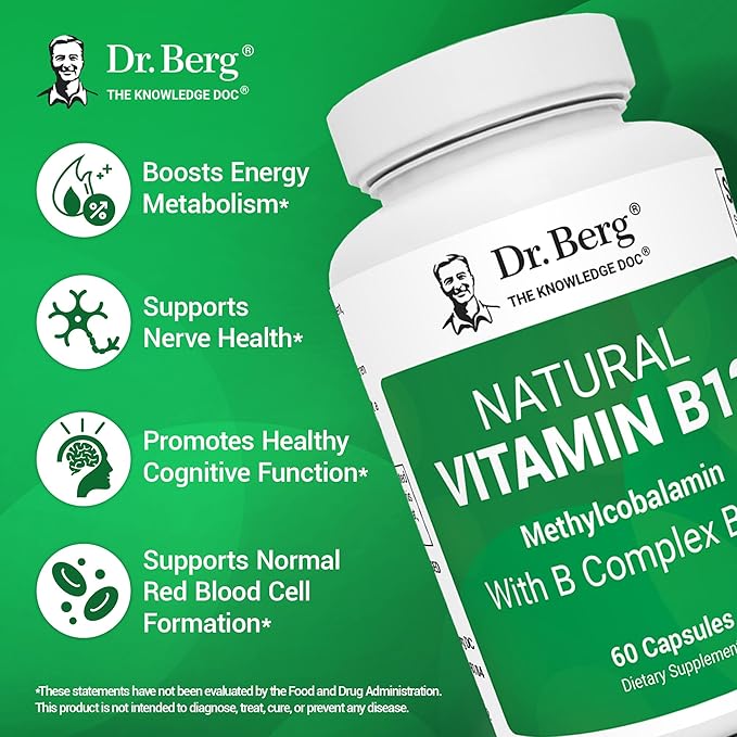 Dr. Berg Natural Vitamin B12 1000 mcg with B Complex Blend - Methylcobalamin B12 for Energy Nerve Health and Cognitive Function* - Methylated B12 with Folate - 60 Capsules (2-Month Supply)