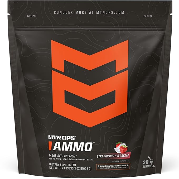 MTN OPS Ammo Meal Replacement Shake Powder – 19g Protein 10g Flaxseed 4.5g Whole Foods Real Fruits &amp Vegetables – Daily Nutrition &amp On-the-Go Fuel 30 Servings Strawberries &amp Cream