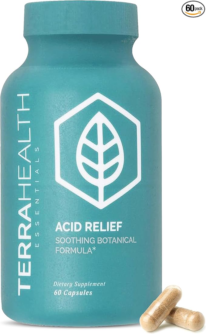 Terra Health Essentials Acid Relief - Plant Based Digestive Support Supplement for Comfortable Gut Function - Lemon Balm Slippery Elm Aloe Vera DGL Licorice - 60 Capsules