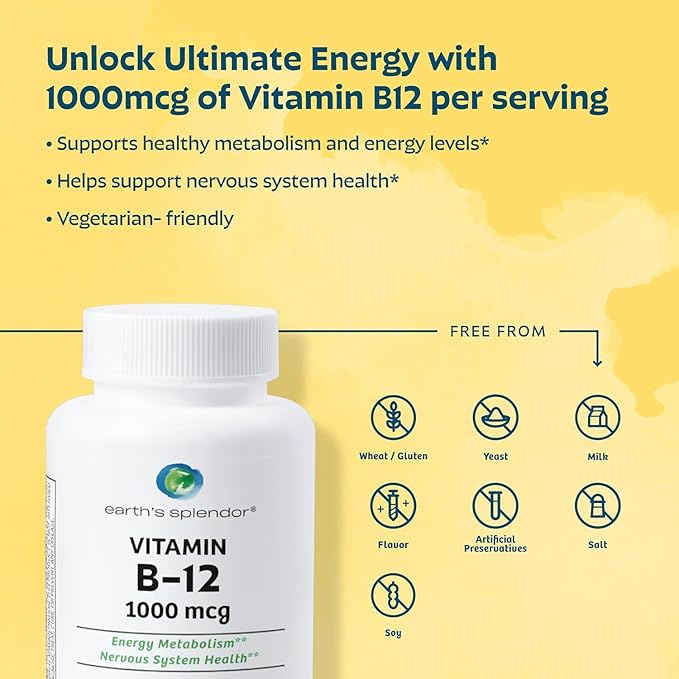 Earth's Splendor Energy &amp Immune Support: Vitamin B12 (1000mcg) Vitamin C with Rose Hips (500mg) and Vitamin D (2000 IU) - No Artificial Colors or Flavors Gluten Free for Men &amp Women