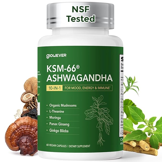 GlowEver KSM-66 Ashwagandha Supplements with L-Theanine Moringa Organic Mushrooms Complex Ginseng Ginkgo Biloba - Mood &amp Energy Support Cortisol Manager Immune Support 60 Vegan Capsules