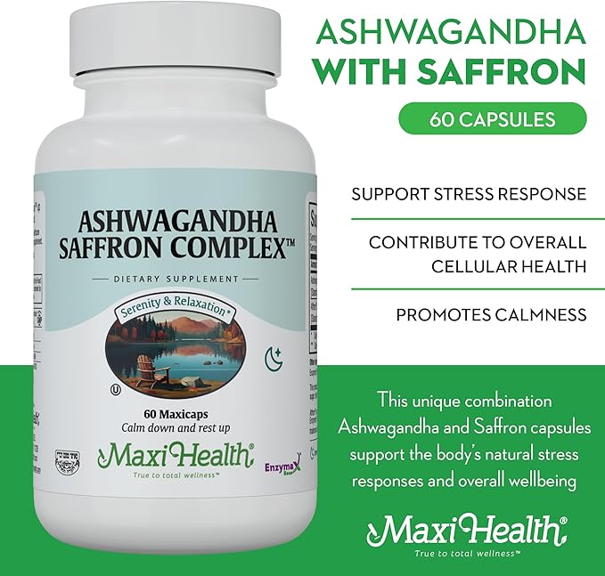 Maxi Health Ashwagandha Supplements Complex with Saffron – 600mg Ashwagandha Capsules &amp 30mg Saffron Extract for Stress Relief Mood &amp Calm – Kosher 60 Capsules