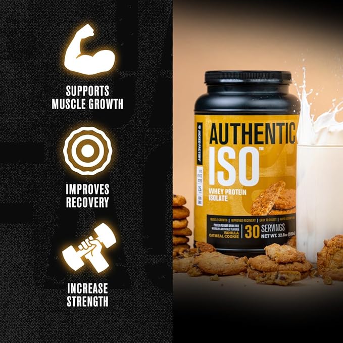 Jacked Factory Authentic ISO Whey Protein Isolate Powder - Low Carb Non-GMO Muscle Building Protein w/No Fillers Post Workout Recovery - 30 Servings Vanilla Oatmeal Cookie