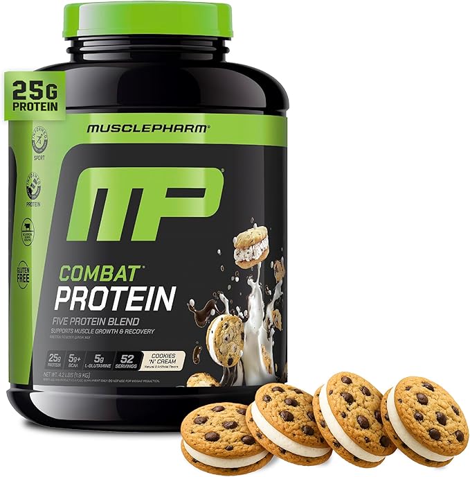 MusclePharm Combat Protein Powder Cookies ‘N’ Cream Flavor Fuels Muscles for Productive Workouts 5 Protein Sources including Whey Protein Isolate &amp Egg Albumin Gluten Free 4 lb 52 Servings