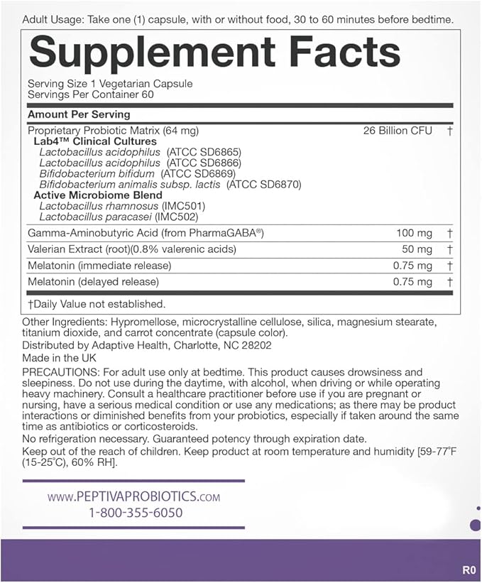 Peptiva 26 Billion CFU Probiotic and Sleep Support - Clinically Validated Multi-Strain Probiotic - Lactobacillus and Bifidobacterium Melatonin - 60 Count