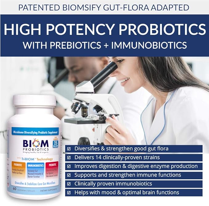 Biom Probiotics 3-in-1 Formula (Cold Shipped) with- 25 Billion Flora Probiotics Prebiotics and Immunobiotics for Better Immune Support - Diversifies Gut Microflora and Microbiome - for Men &amp Wome