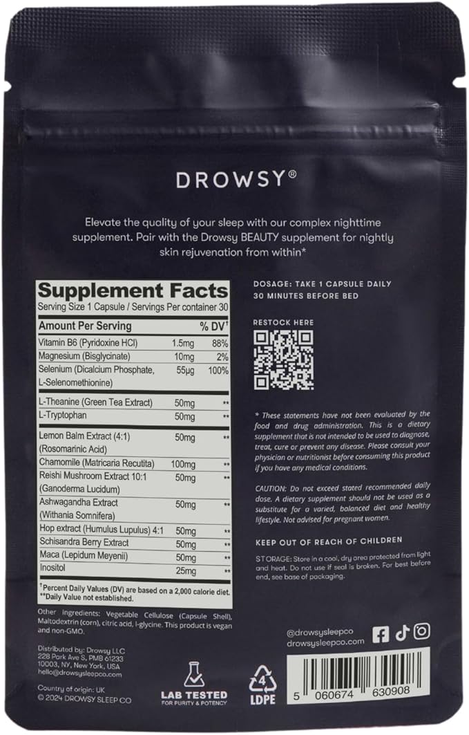 Drowsy Sleep - Nighttime Sleep &amp Skin Supplement with Magnesium L-Tryptophan L-Theanine &amp Hyaluronic Acid - Supports Restful Nights &amp Glowing Skin - Non-Habit Forming