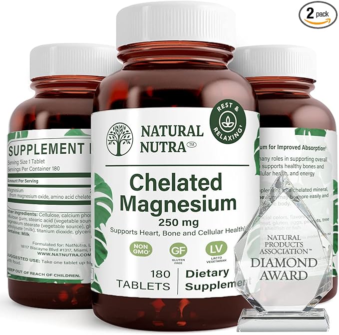 Natural Nutra Chelated Magnesium Oxide 250 mg - High Absorption for Strong Bones Heart Health Energy Boost Gluten-Free Non-GMO 180 Tablets (2 Pack) in BPA-Free Recyclable Glass Bottles