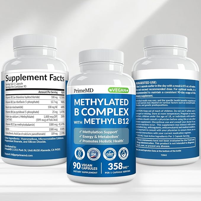 Methylated B Complex with Methylfolate and B12 Methylcobalamin 1000 mcg - Methylated Multivitamin for Energy Brain Function and Wellness - Vitamin B Complex for Men &amp Women (90 Servings) (Pack o