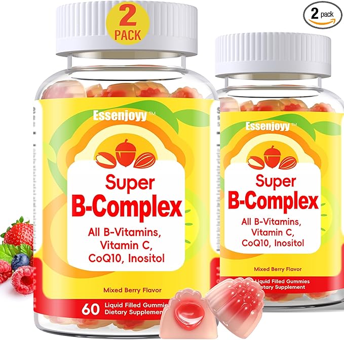 Liquid-Filled B Complex Gummies for Daily Routine Juicy Berry Flavor Complete B Vitamins with Vitamin C CoQ10 &amp Inositol Easy to Enjoy 60 Gummies x 2 (120 Total)