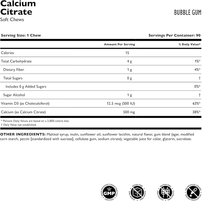 Celebrate Vitamins Bariatric 500mg Calcium Citrate Soft Chews with 500 IU Vitamin D3 – Essential for Gastric Bypass Patients &amp Bone Health - Sugar &amp Gluten Free Bubble Gum (90 Chews)
