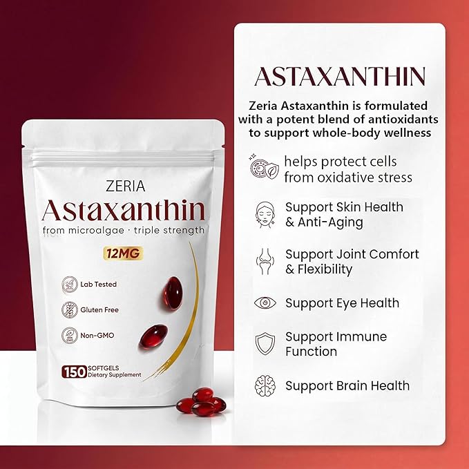 Zeria Astaxanthin 12mg Natural Microalgae Antioxidant Supplements Helps Protect Cells from Oxidative Stress Skin Firmness &amp Elasticity Promotes Healthy Skin and Eyes 150 Softgels