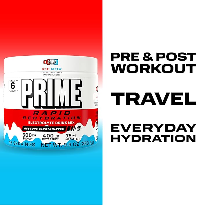 Prime Rapid Rehydration Electrolyte Powder Ice Pop Sugar Free Hydration Drink Mix with Sodium Potassium Magnesium &amp B Vitamins to Replenish Fluids Caffeine Free 6 Gallon Tub 48 SRV