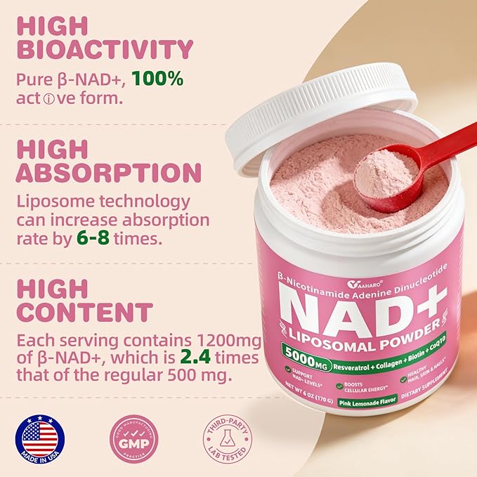 NAD Supplements for Women 5000mg Liposomal NAD+ Powder with Resveratrol Collagen Peptides Biotin CoQ10 &amp TMG for Healthy Aging Cellular Energy Hair Skin &amp Nails Pink Lemonade Mix 34 Se
