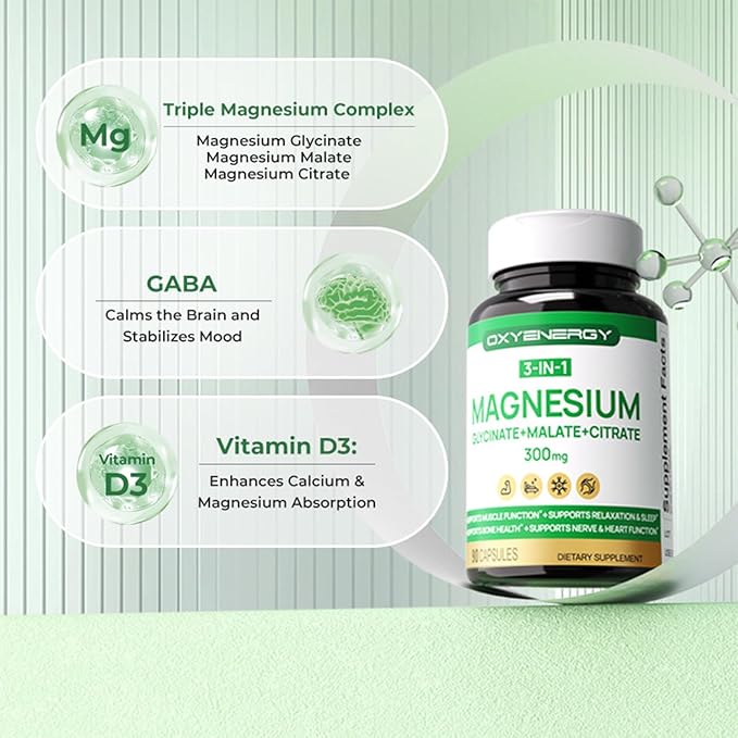 OXYENERGY Triple Magnesium Complex Supplement 3 in 1 Chelated Magnesium Capsules 300mg with Glycinate Malate Citrate per Servering High Absorption Bone Heart &amp Nerve Health Vegan 90 Capsules