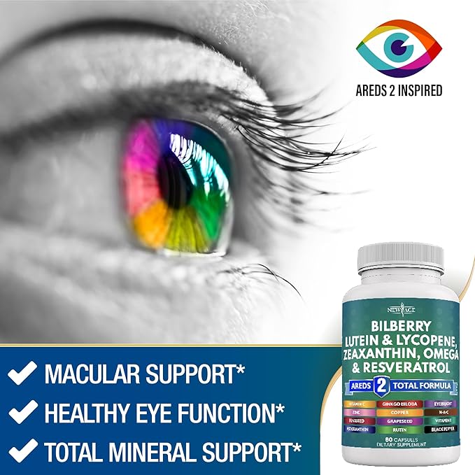 NEW AGE Eye Health Vitamins with Bilberry Lutein &amp Zeaxanthin Lycopene Resveratrol Grape Seed Astaxanthin - Eye Vitamin - 60 Count