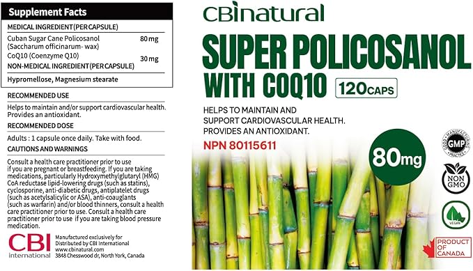 Super Sugarcane Policosanol 80 mg with CoQ10 30 mg 120 Vegetable Capsules Heart &amp Cholesterol Support 4-Month Supply Non-GMO Gluten Free