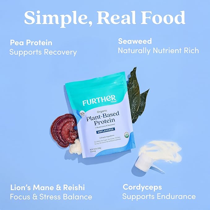 Further Food Organic Vegan Protein Powder Unflavored – 20g Pea Protein with Mushrooms &amp Seaweed Non-GMO Gluten Free Sugar Free 20.46 Oz