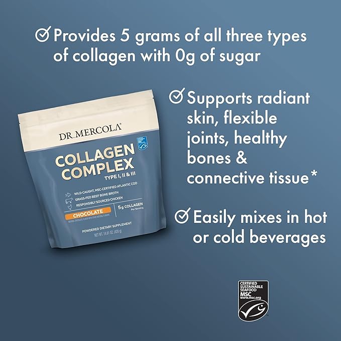 Dr. Mercola Collagen Complex Powder - Supports Skin Elasticity &amp Tissue Health - Multi-Source Collagen Types I II &amp III - Non-GMO Gluten-Free &amp Soy-Free- 10.89 oz (30 Servings) - Chocola