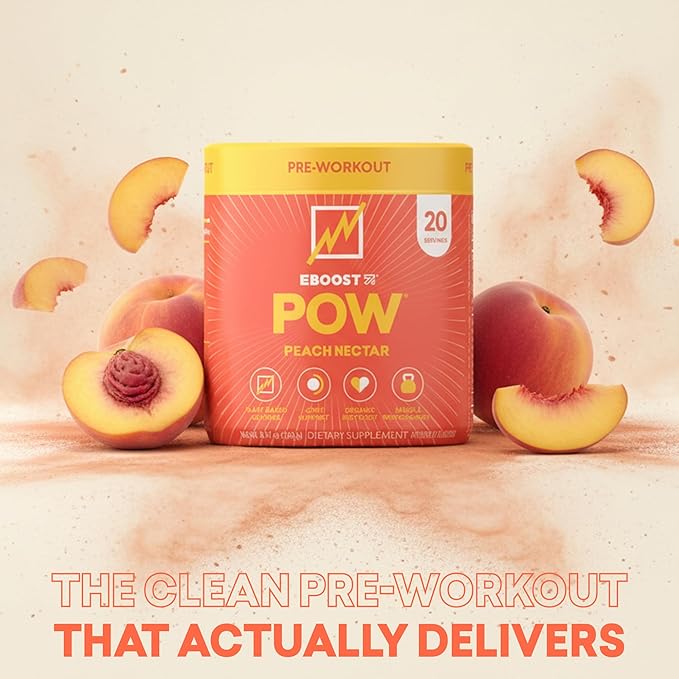EBOOST POW Natural Pre Workout Powder - 20 Servings Peach Nectar - Preworkout Energy Booster Gym Supplement Drink Mix for Men and Women - Performance Joint Mobility Support - Gluten-Free
