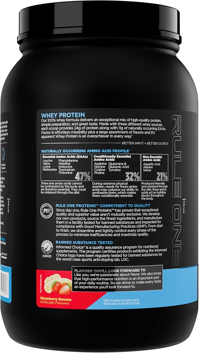 Rule 1 Whey Protein – 24g Fast-Acting Protein from All-Whey Sources with Naturally Occurring EAAs &amp BCAAs for Workout Recovery or Anytime Use (2 Pounds* Strawberry Banana)