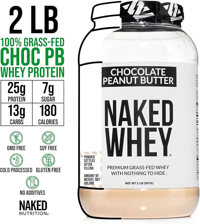 NAKED Whey Chocolate Peanut Butter Protein Powder (21 Servings) + PB Powdered Peanut Butter 2LB (76 Servings) – Grass-Fed Bulk Non-GMO Gluten Free Soy Free Vegan
