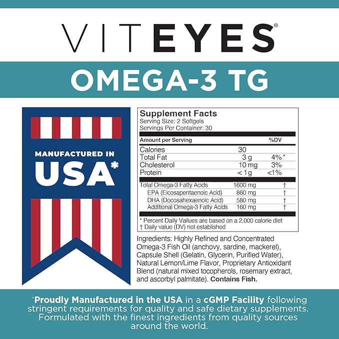 Viteyes Omega-3 TG Supports Eye &amp Heart Health Natural Triglyceride Fish Oil Formula Clear 60 Count